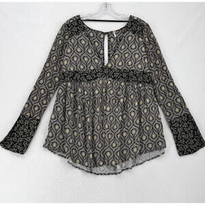 Free People Womens Black Comb Abstract V Neck Long Sleeve Blouse Top Sz S NEW